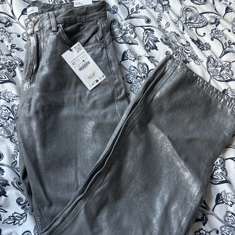 Zara Metallic Silver Wide Leg Jeans